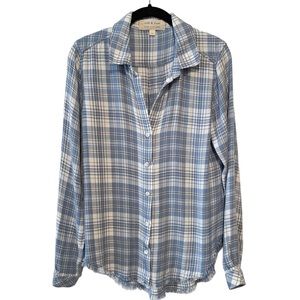 Cloth & Stone Women’s Blue Plaid Frayed Hem Long Sleeve Button Down Shirt Size M